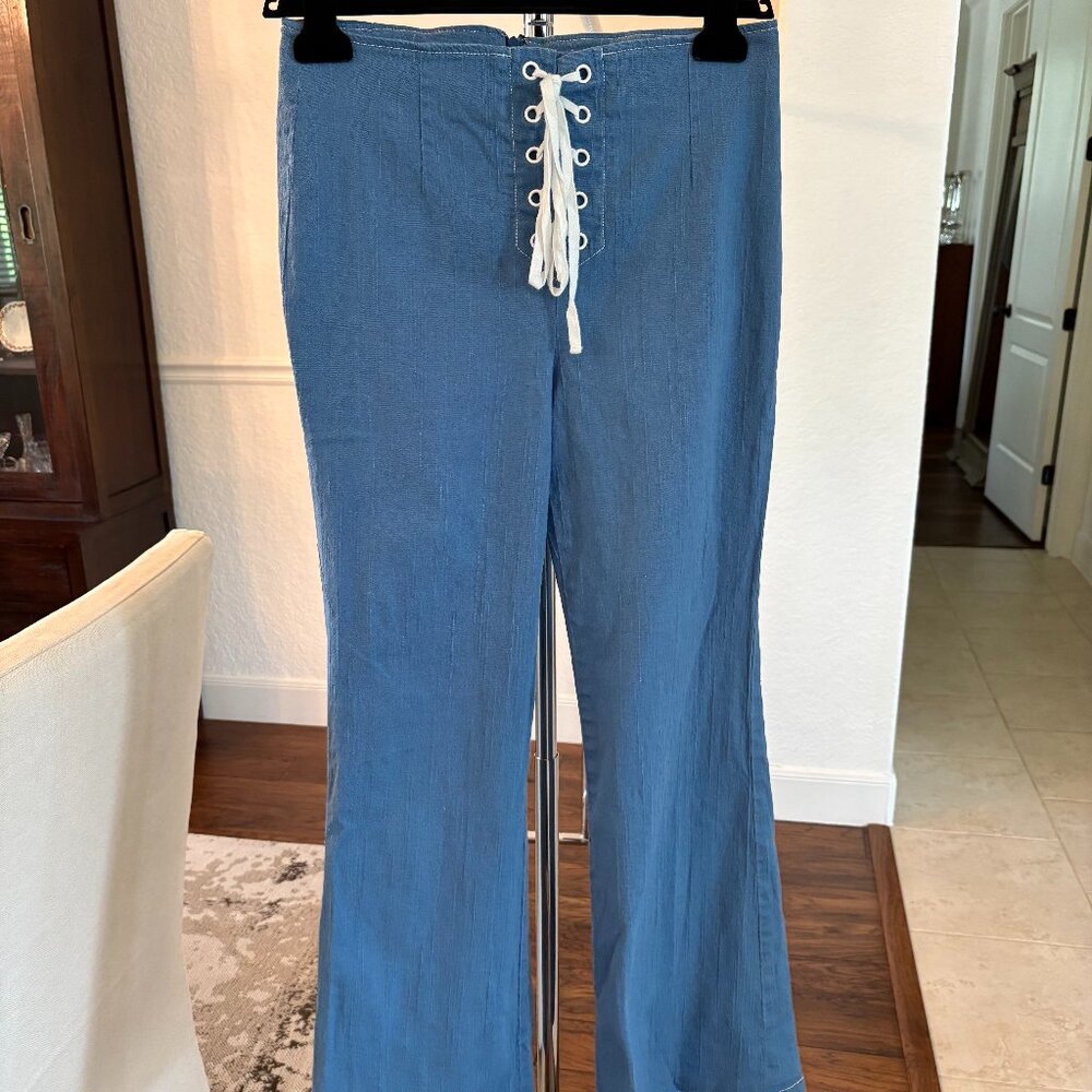 Free People Rare Lace Front Tie Wide Leg Flare Denim Pants